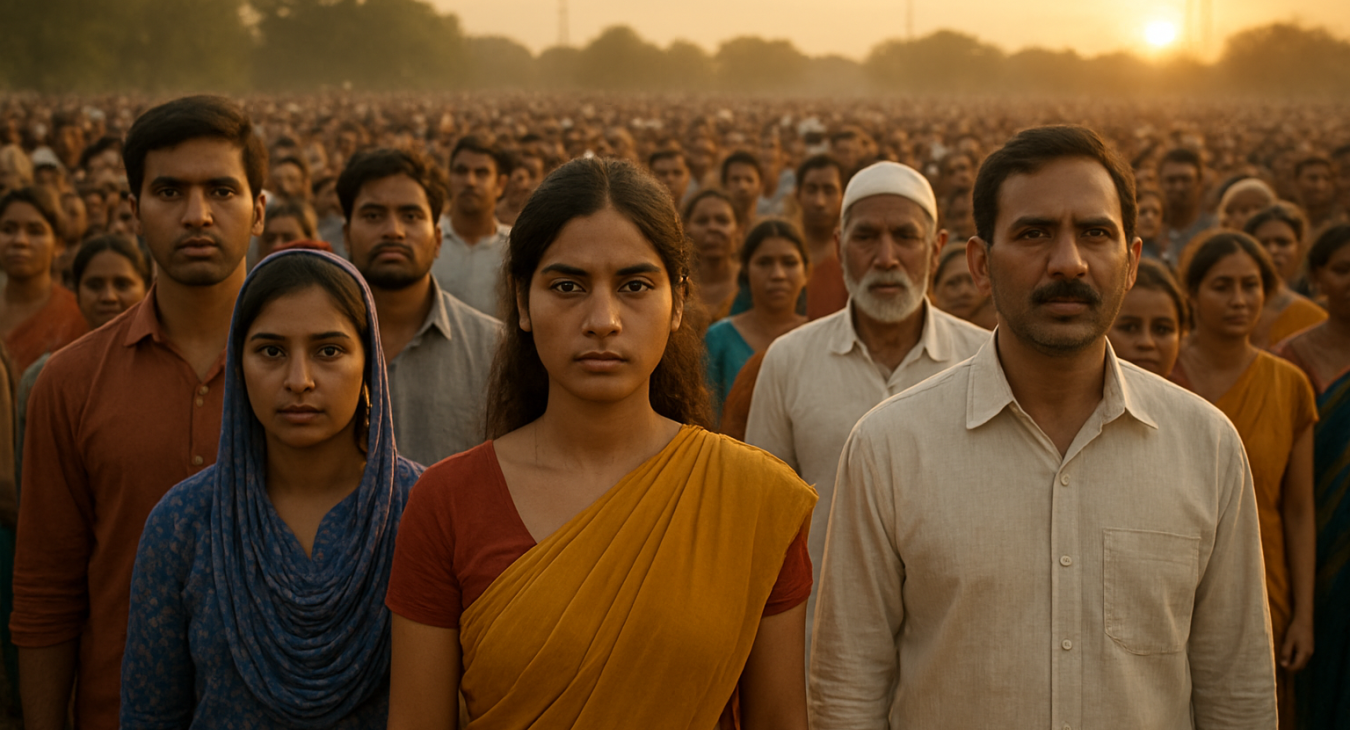 A diverse group of Indian men and women standing together in a large, peaceful public gathering during golden hour, conveying a sense of social mobilization and unified purpose.