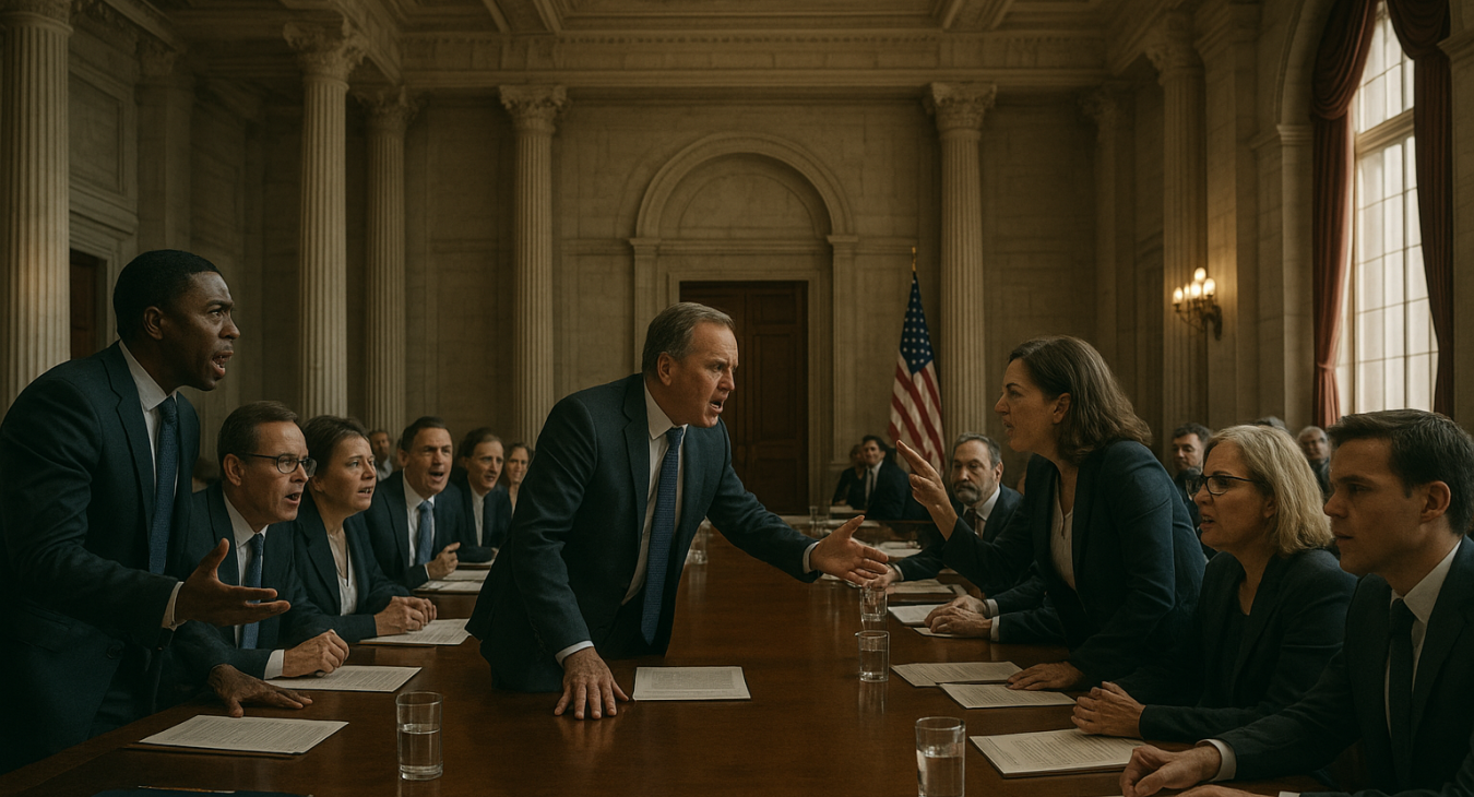 A wide landscape shot of a tense meeting in a grand, neoclassical government hall where a diverse group of professionals in business attire engage in a heated debate, symbolizing institutional conflict.