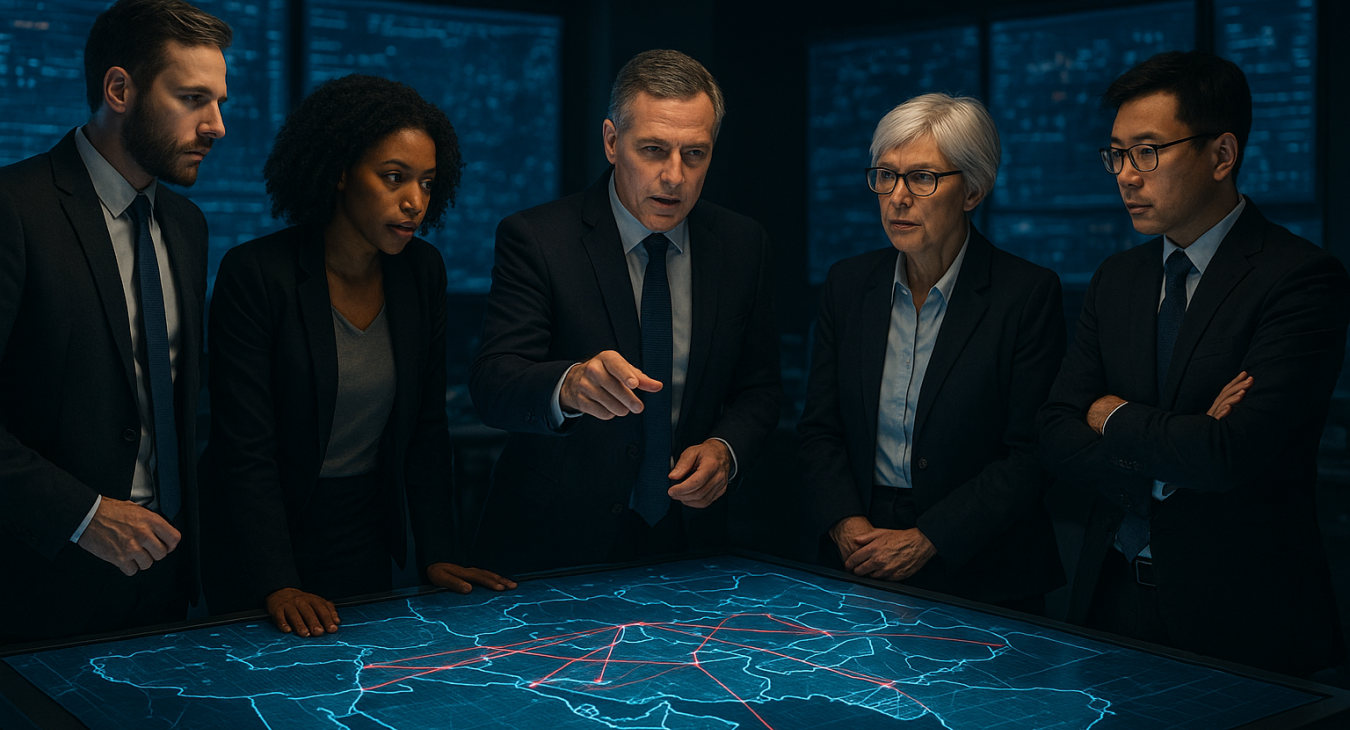 A group of diverse geopolitical analysts intensely discussing strategic connections while standing before a large, glowing digital holographic map of the Middle East in a modern setting.