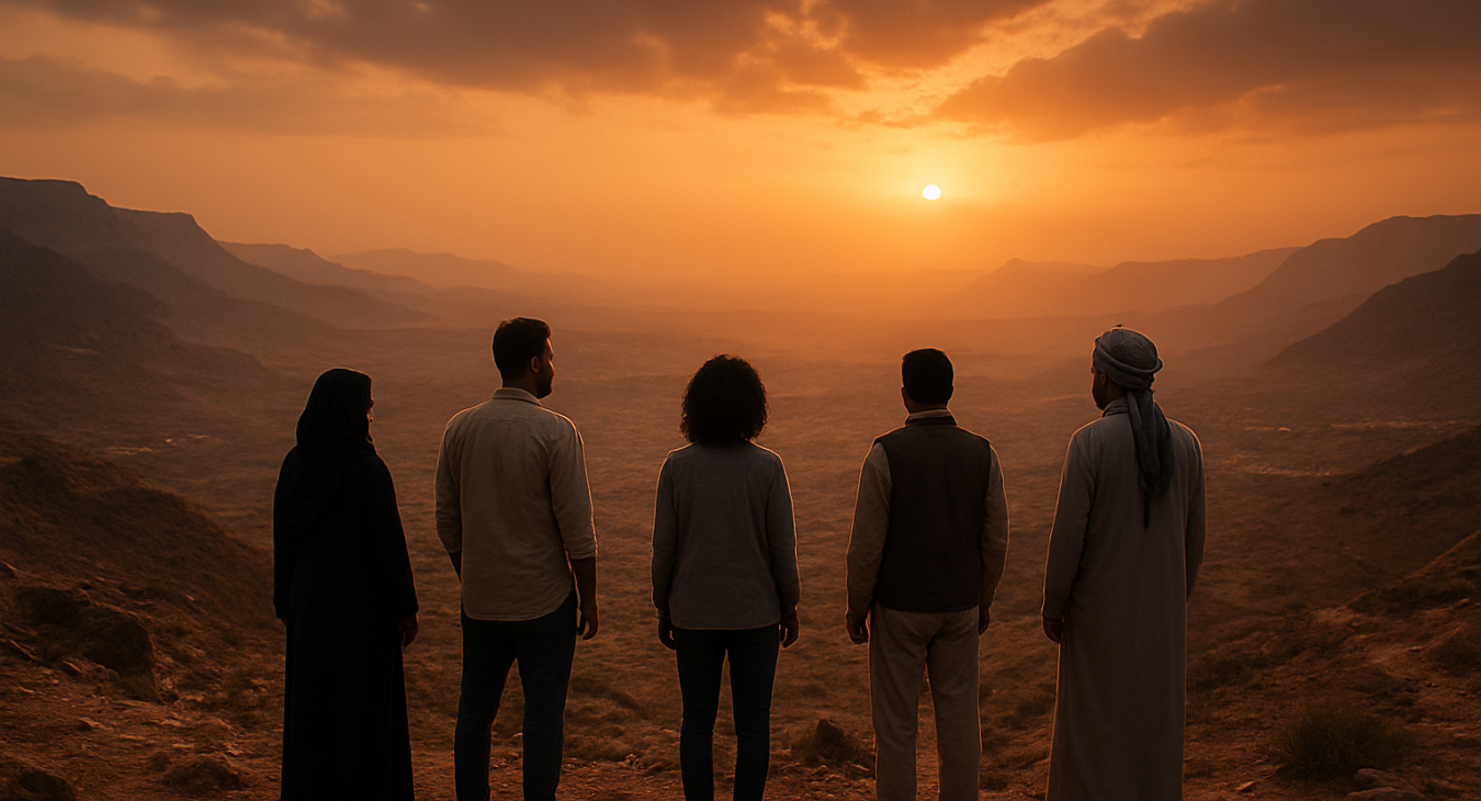 A diverse group of men and women standing on a rugged Yemeni hillside, looking out over a vast, dusty valley under a dramatic, hazy sunset.