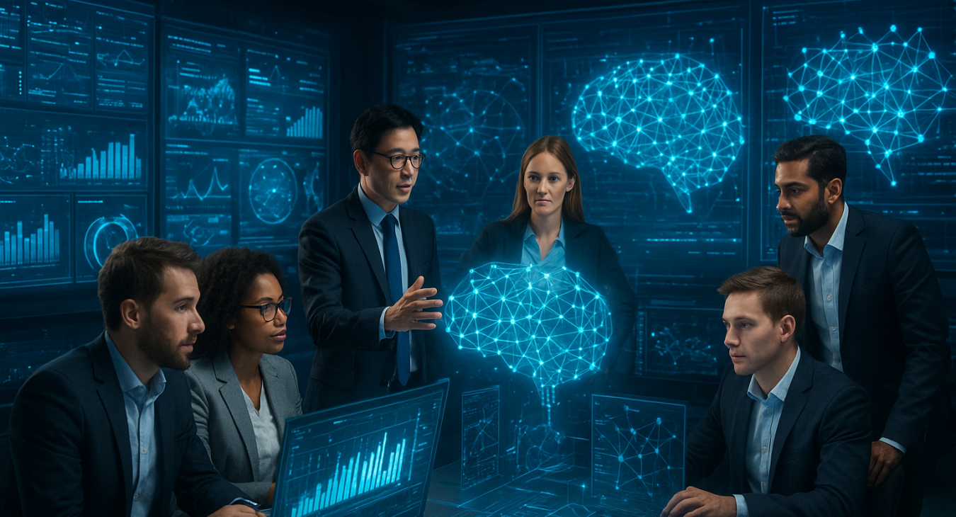 A diverse group of male and female professionals working together in a futuristic, high-tech command center featuring holographic data visualizations and glowing neural network interfaces.