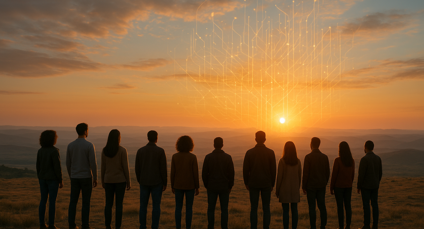 A photorealistic landscape of a diverse group of people standing on a vast plateau at golden hour, watching abstract glowing data lines merge with the sunrise on the horizon.