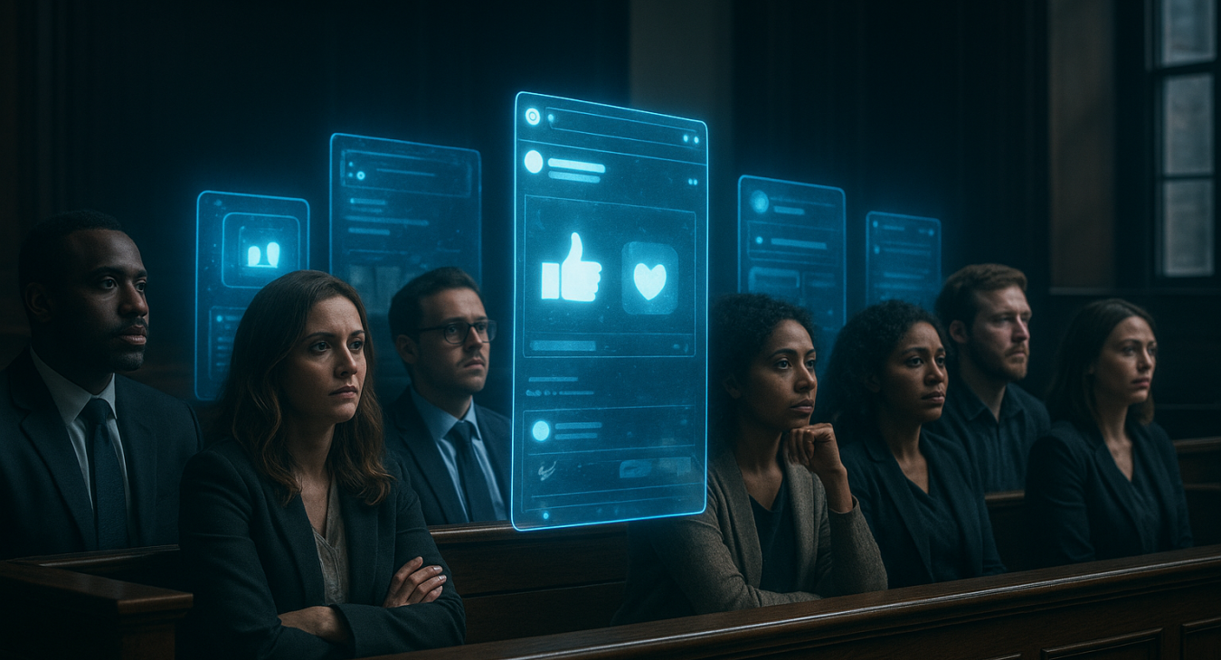 A diverse group of men and women sitting in a modern, dimly lit courtroom, looking contemplatively at glowing digital holographic social media screens.