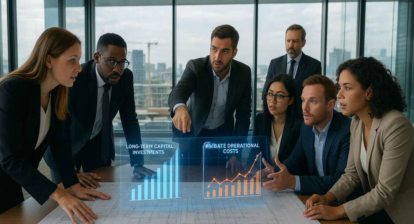 A high-quality wide-angle shot of a diverse group of professionals in a modern glass-walled boardroom, intensely debating over large architectural blueprints and glowing digital holographic charts.