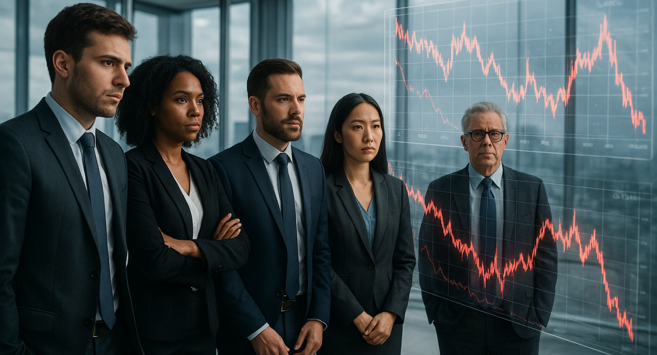 A diverse group of male and female financial analysts in a modern glass-walled boardroom, intently observing volatile and turbulent holographic stock market graphs displayed in the air.