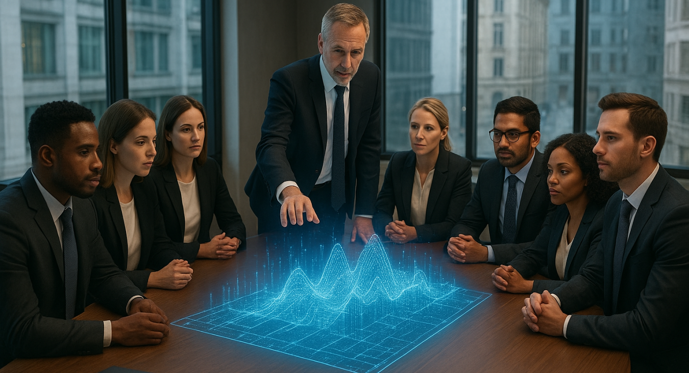 A photorealistic landscape of a modern European boardroom where a diverse group of professionals gathers around a glowing digital holographic interface displaying shifting data patterns.