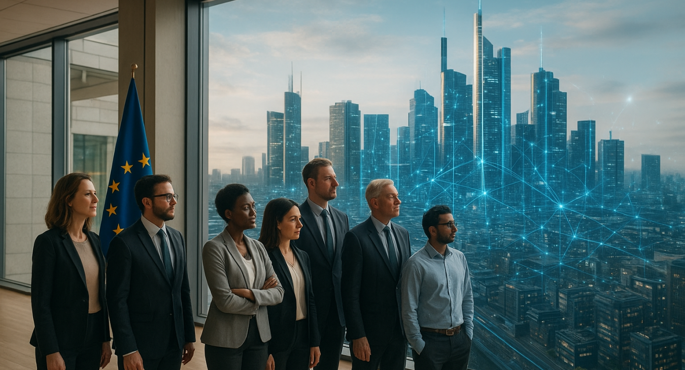 A diverse group of policymakers and tech professionals standing in a modern, sunlit EU administrative building overlooking a digital cityscape.