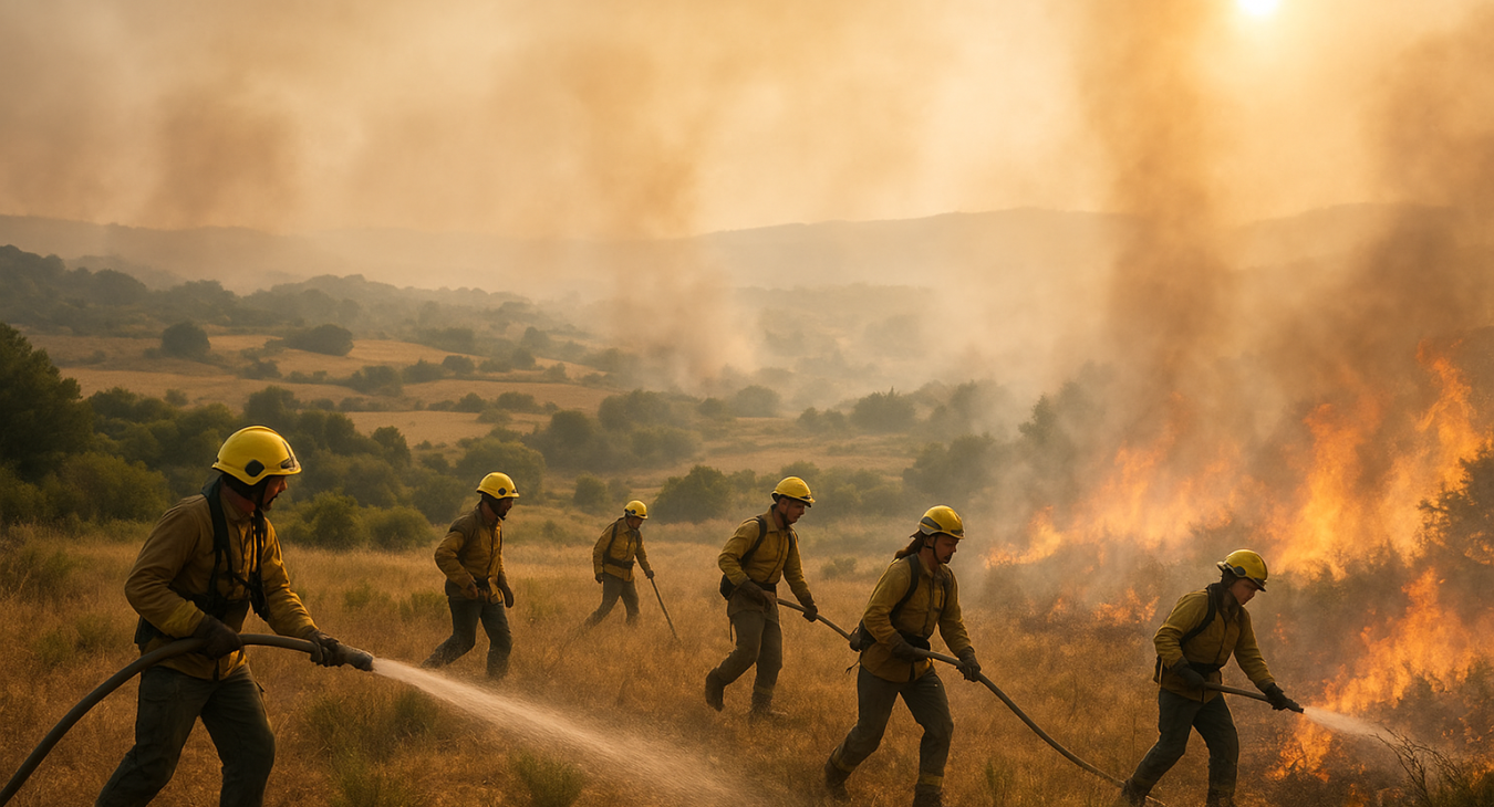 A high-quality photorealistic landscape of a vast, sun-drenched southern French countryside under a haze of smoke, showing a diverse group of men and women firefighters working together to combat escalating wildfires amidst rolling hills.