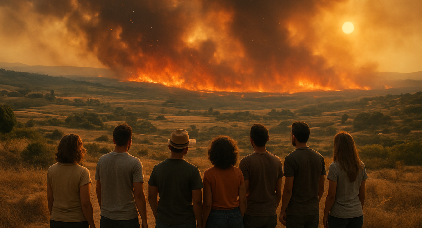 A high-quality photorealistic landscape of the sun-drenched, scorched southern French countryside, with swirling embers and orange fire patterns in the distance, as a diverse group of men and women in the foreground watch the scene.