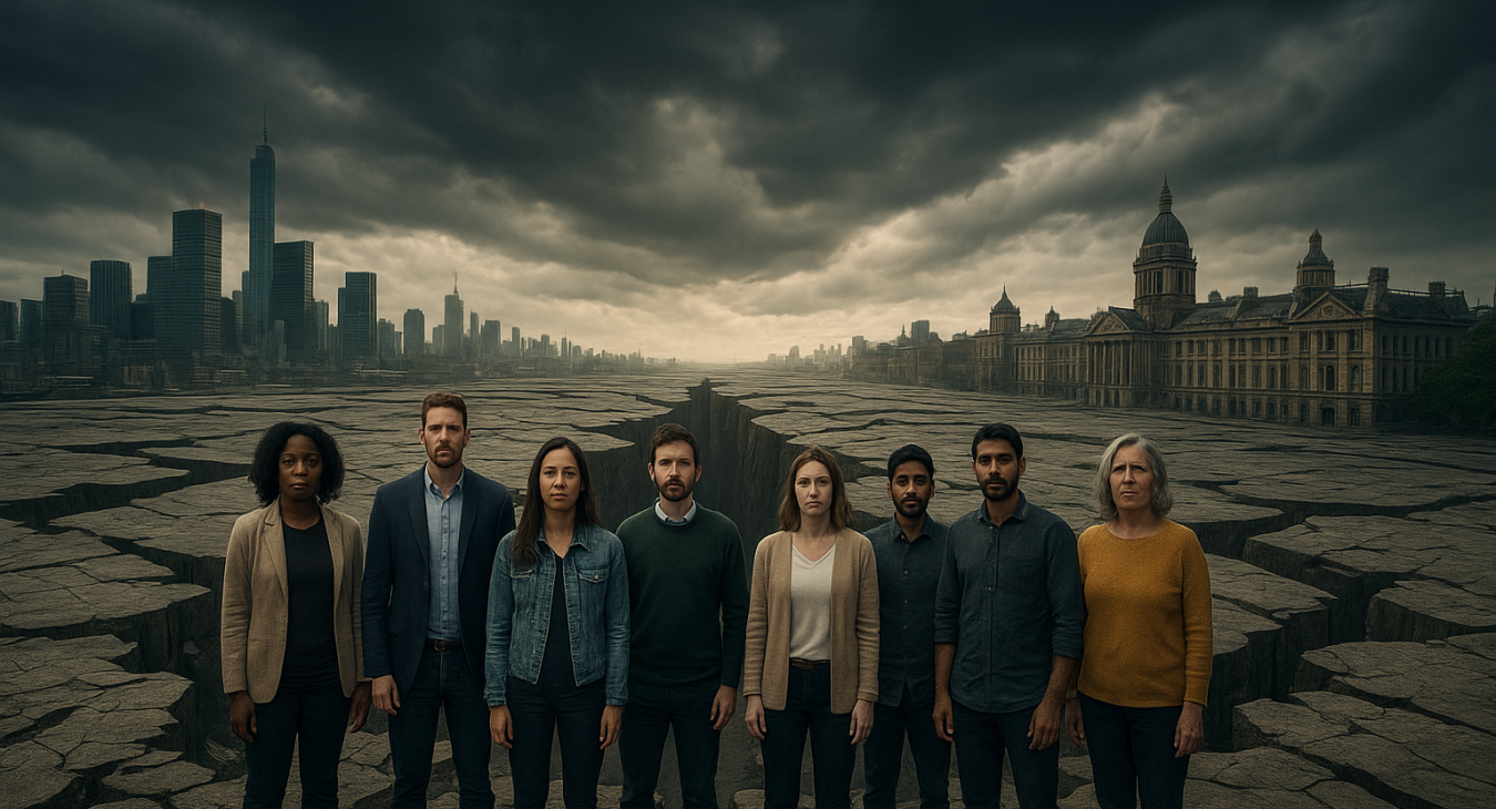 A wide-angle landscape shot of a diverse group of people standing in a surreal, fractured urban environment where buildings are split by deep lines under a dramatic, stormy sky, symbolizing political division.