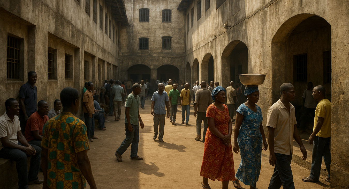 A photorealistic view of the bustling inner courtyard of New Bell Central Prison in Douala, Cameroon, where a diverse group of men and women engage in communal activities under sunlight against textured concrete walls.