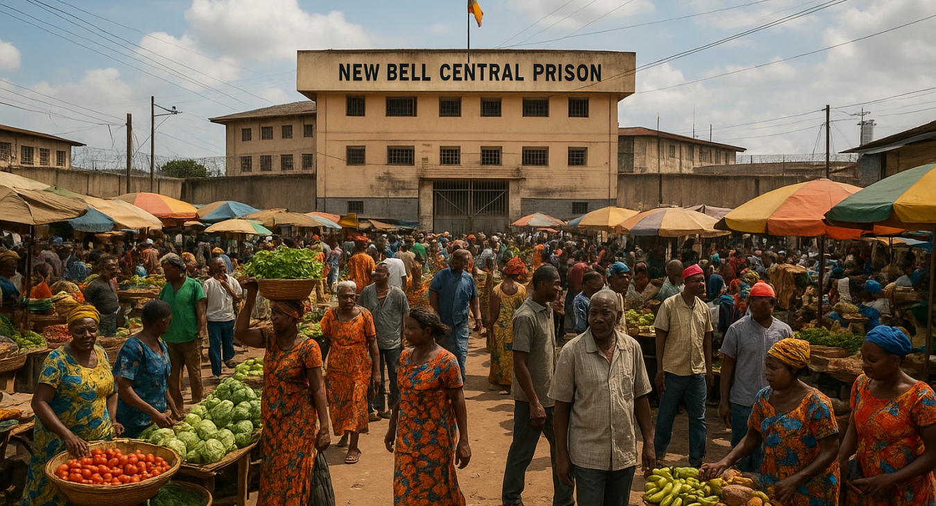 A bustling market scene near New Bell Central Prison in Douala, Cameroon, featuring diverse Cameroonian men and women trading and interacting under a warm tropical sun.