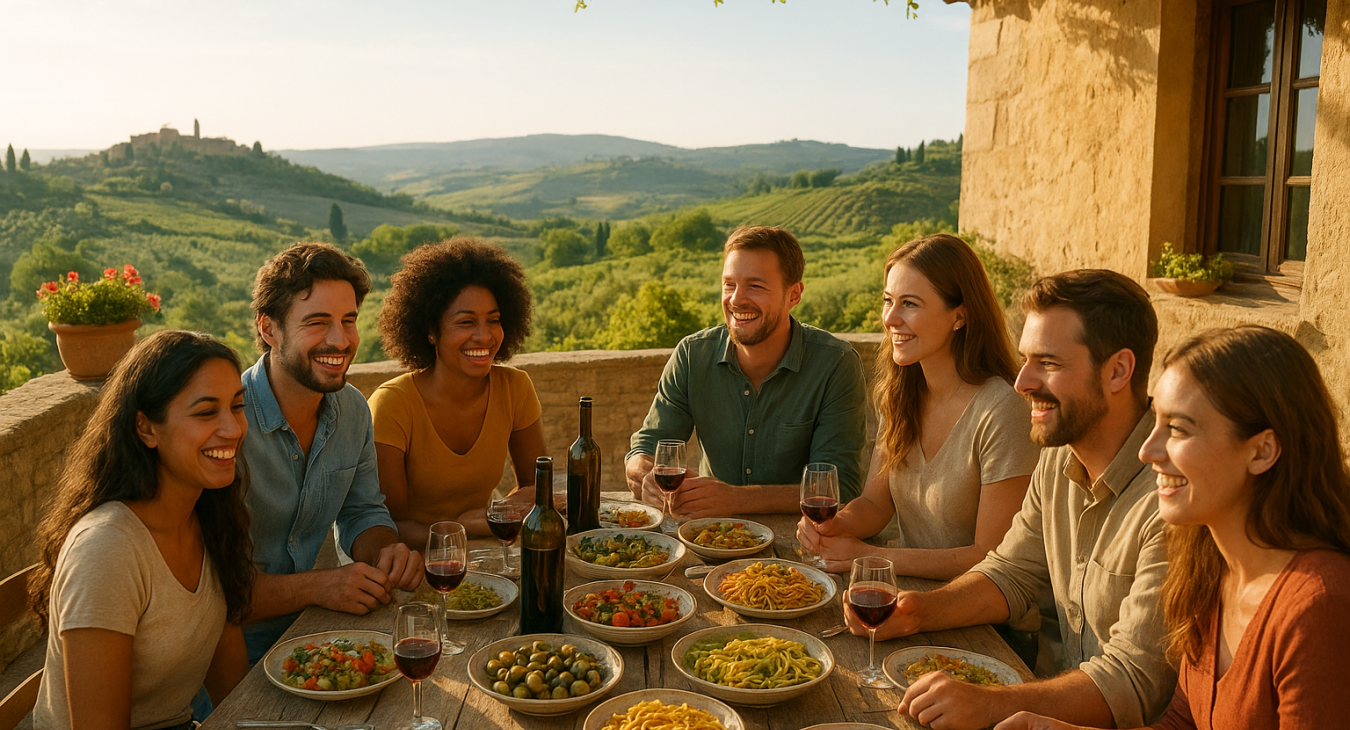 A sun-drenched outdoor terrace in Tuscany where a diverse group of people gather around a long rustic wooden table filled with colorful Mediterranean dishes, fresh pasta, and olives.