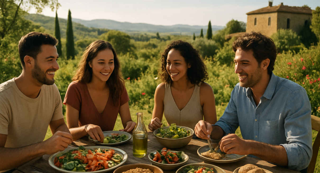 A wide cinematic, photorealistic landscape of a sun-drenched Italian countryside garden where a diverse group of people are enjoying a vibrant Mediterranean meal of fresh vegetables, olive oil, and whole grains.