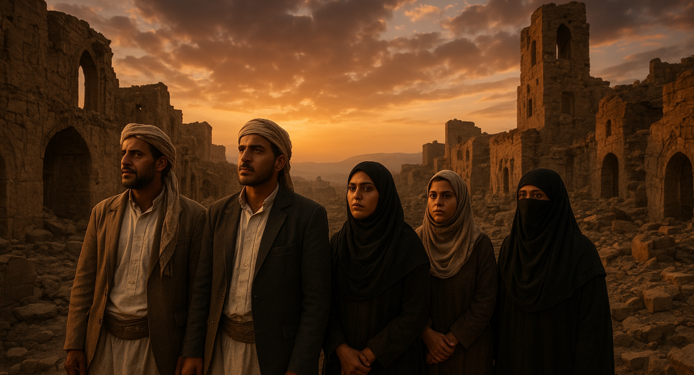 A diverse group of Yemeni men and women standing amidst the weathered ruins of an ancient city, looking thoughtfully toward a hazy horizon under a dramatic sunset sky.