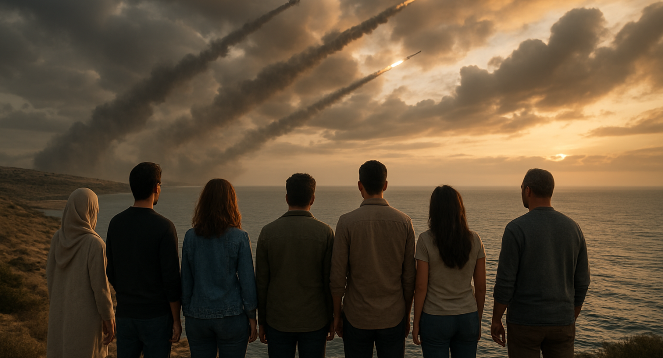 A diverse group of men and women stand on a coastal overlook, gazing out over the Red Sea toward a horizon where missiles streak through a dramatic, smoky sky.