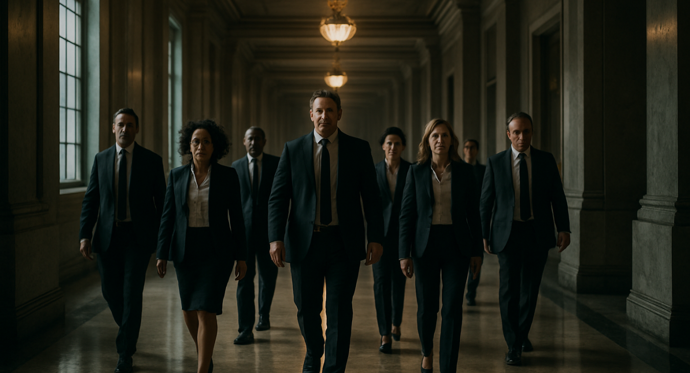 A photorealistic, dimly lit grand government corridor where a diverse group of professionals in business attire walk urgently, casting long shadows on polished marble floors.