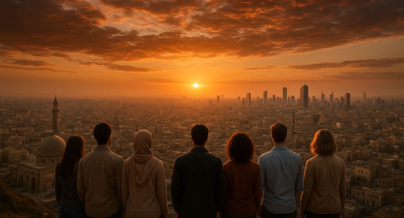 A high-quality photorealistic landscape of a diverse group of people standing on a hill, overlooking a vast cityscape that blends ancient and modern architecture under a dramatic sunset sky.