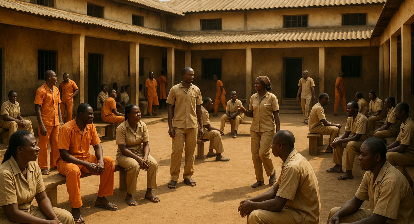 A wide landscape shot of a courtyard in a Cameroonian correctional facility, where a diverse group of men and women in prison attire are engaged in communal activities under warm, natural sunlight.