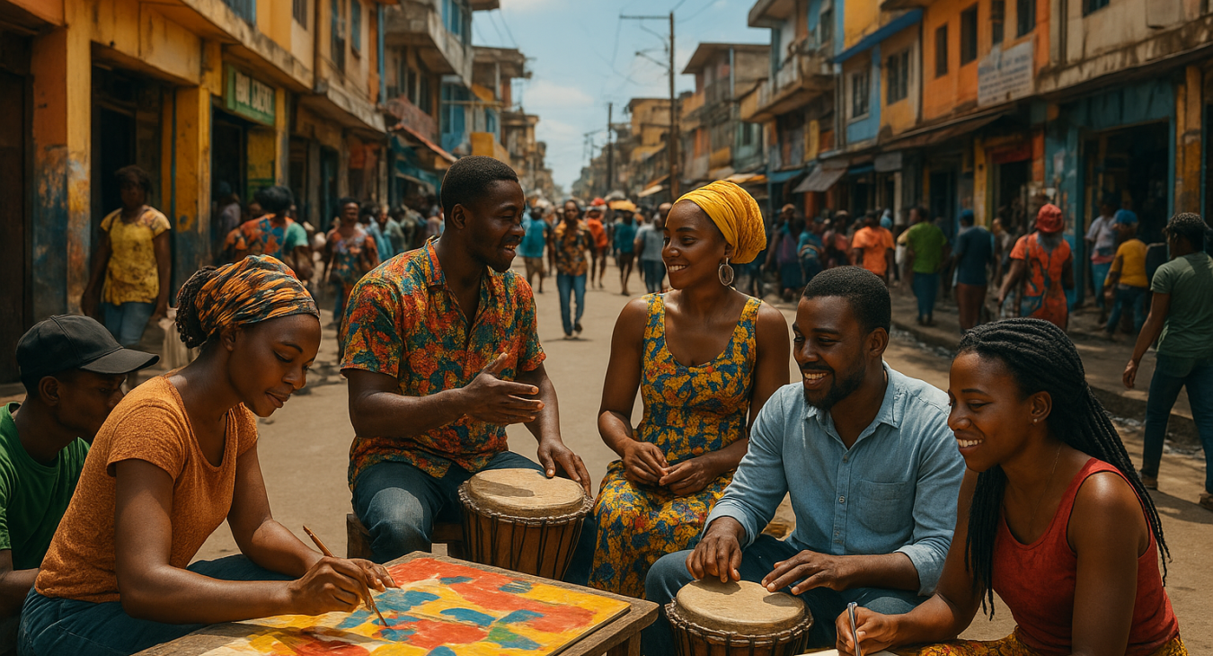 A photorealistic landscape of a vibrant, crowded street in Douala, Cameroon, featuring a diverse group of men and women participating in communal creative activities within a colorful urban corridor.
