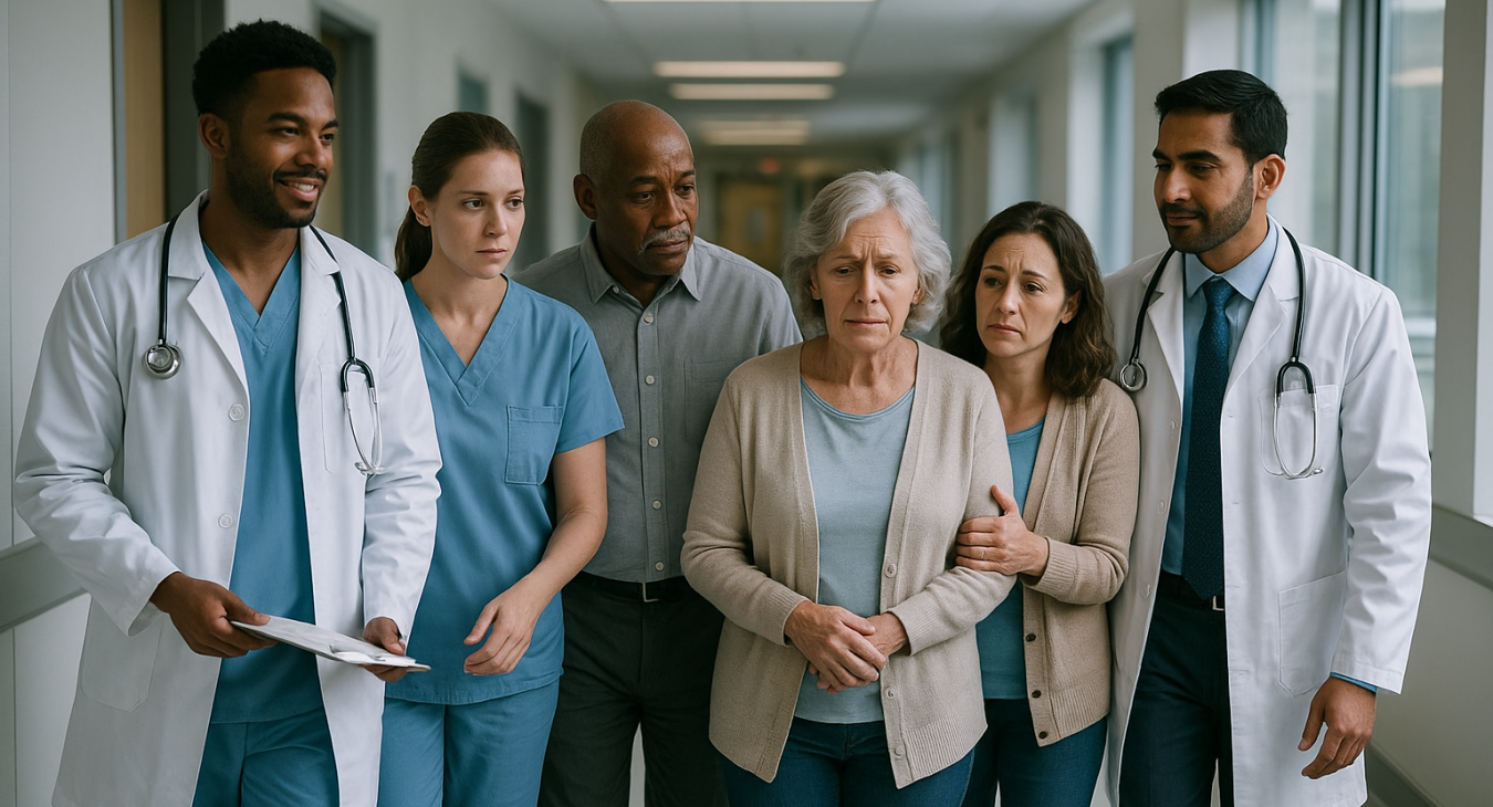 A photorealistic shot of a modern hospital hallway where a diverse group of medical professionals and concerned family members walk together, reflecting a moment of human connection and hope.