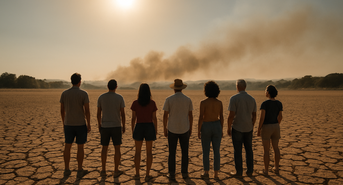 A group of men and women standing together in a parched, cracked earth field in Southern France, looking toward a hazy, smoke-filled horizon under a scorching summer sun during a severe drought.
