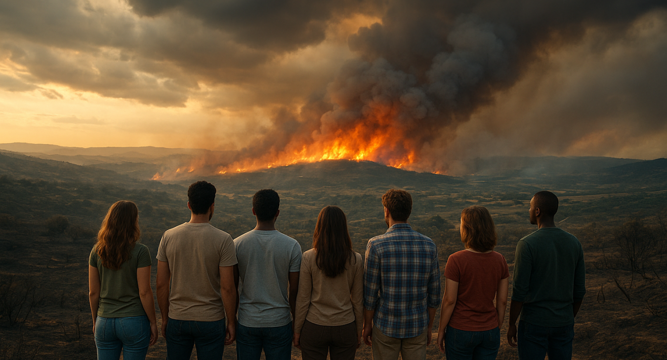 A group of diverse men and women standing on a hill, looking out over a scorched southern French landscape with distant wildfire flames rising through smoke under a dramatic sky.