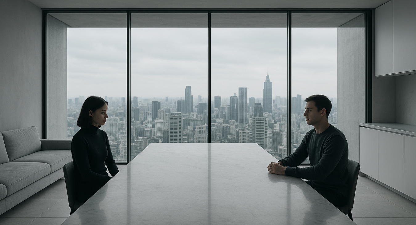 A high-quality photorealistic shot of a sterile, modern minimalist apartment with floor-to-ceiling windows overlooking a dense urban skyline; a man and a woman sit at opposite ends of a vast, empty marble table.