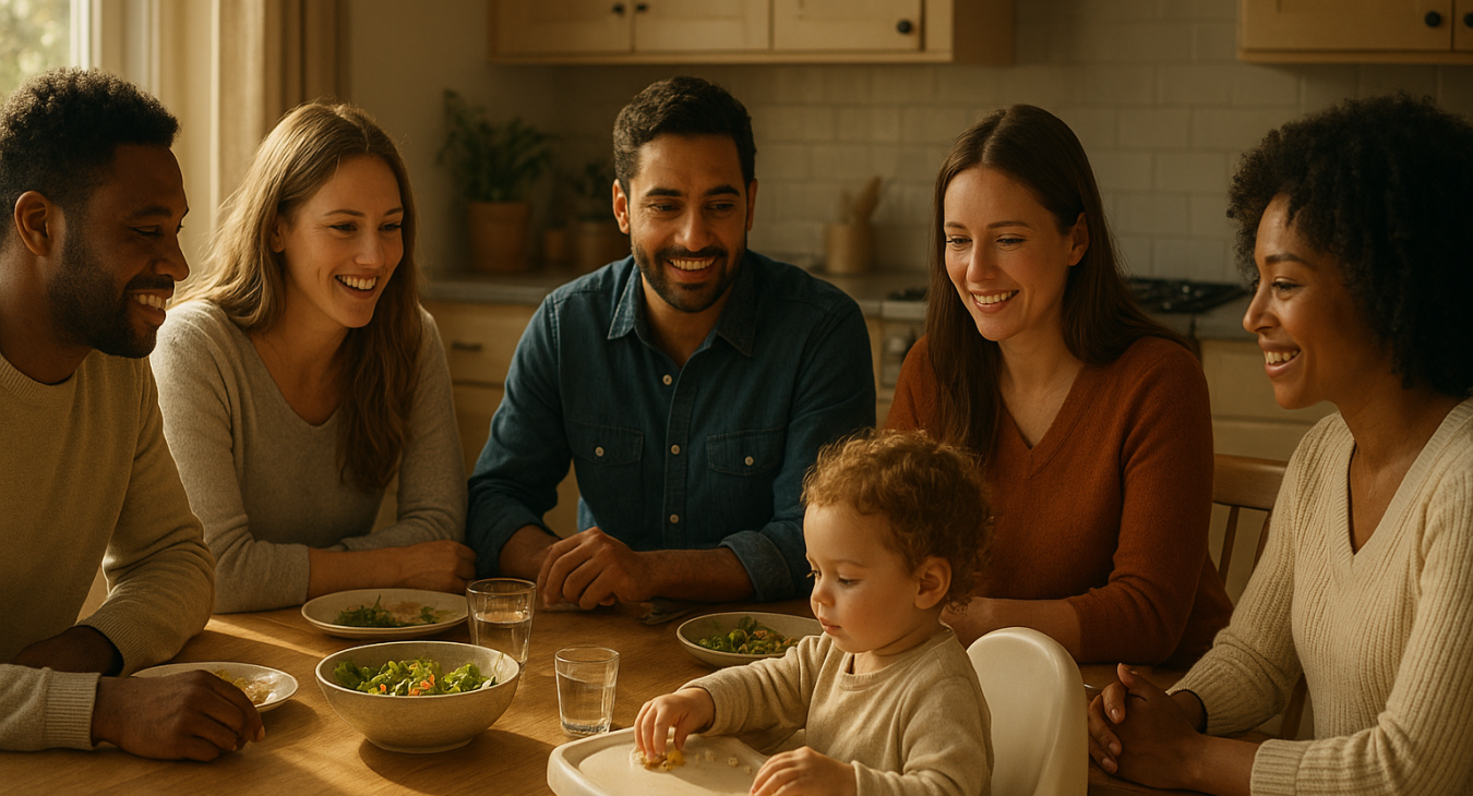 A photorealistic, cinematic shot of a diverse group of men and women sitting around a sunlit kitchen dining table, engaged in warm conversation while watching a child eat.
