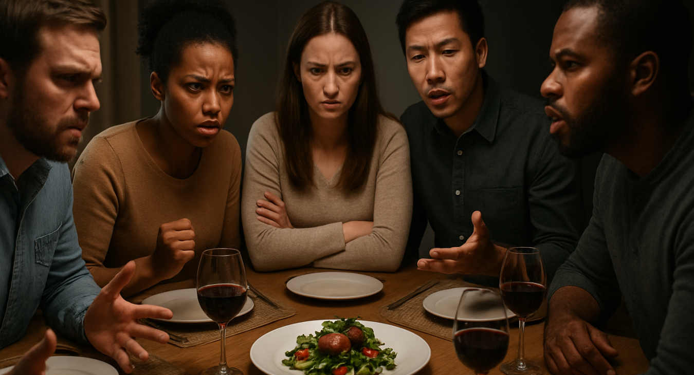 A wide photorealistic shot of a diverse group of men and women sitting around a dinner table, looking tense with expressions of frustration and hesitation as a beautifully plated meal sits in the center.