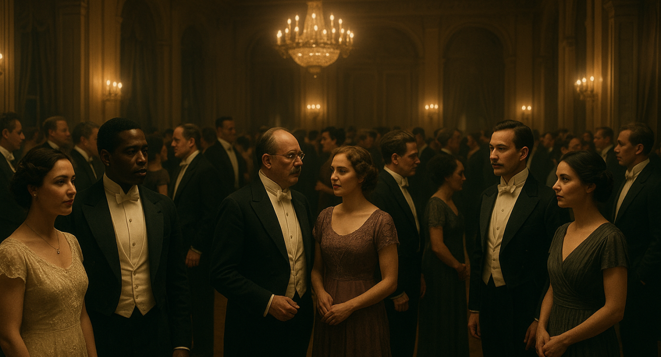 A high-quality photorealistic wide landscape shot of a diverse group of men and women in early 20th-century formal attire, gathered in a grand ballroom with cinematic lighting and a formal atmosphere.