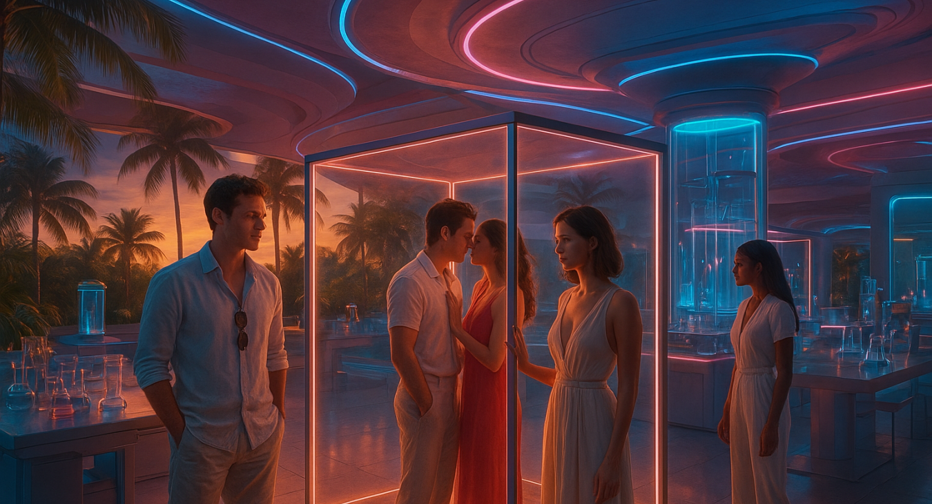 A wide-angle, photorealistic view of a futuristic, neon-lit scientific laboratory styled as a glamorous tropical resort, where scientists in high-fashion resort wear observe romantic interactions through glowing glass panels.