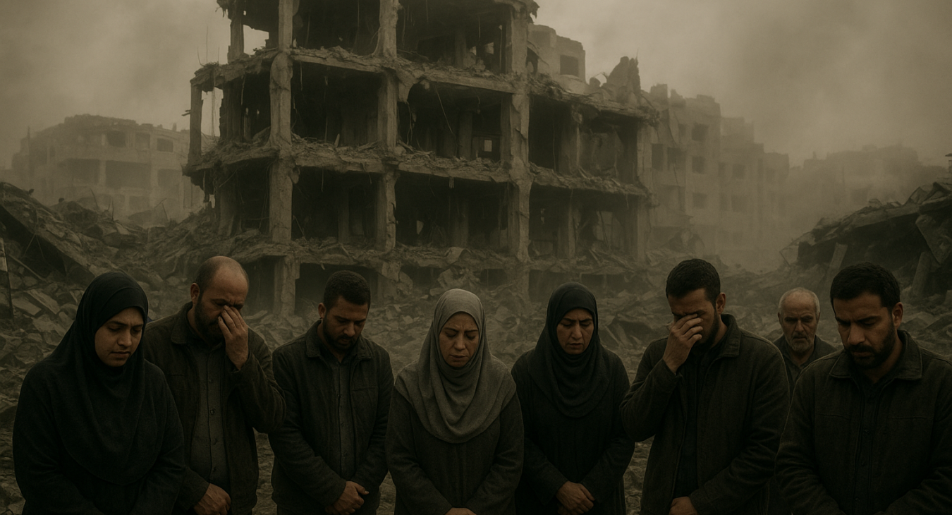 A photorealistic, somber landscape of a dust-covered Gaza cityscape, showing diverse grieving men and women standing amidst the ruins of a destroyed building under a heavy, hazy sky.