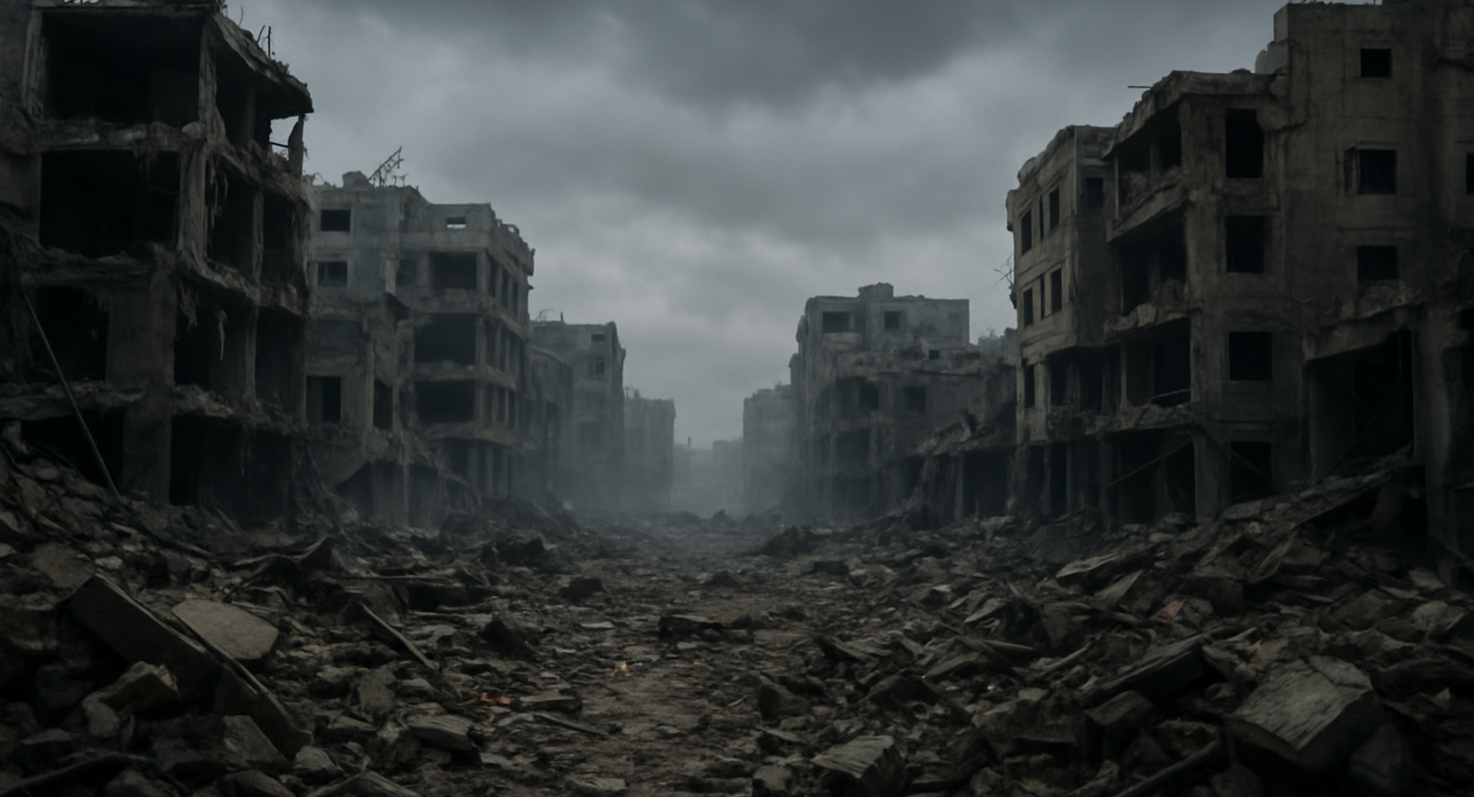A photorealistic view of a devastated urban landscape in Gaza, showing rubble and dust under a heavy, overcast sky following air strikes.