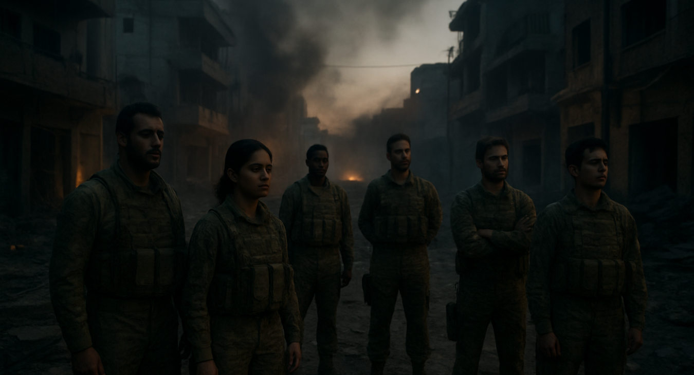 A cinematic wide shot of a somber, debris-strewn Middle Eastern urban setting at dusk, where a diverse group of soldiers in military fatigues stands in quiet reflection amidst smoke and shadows.
