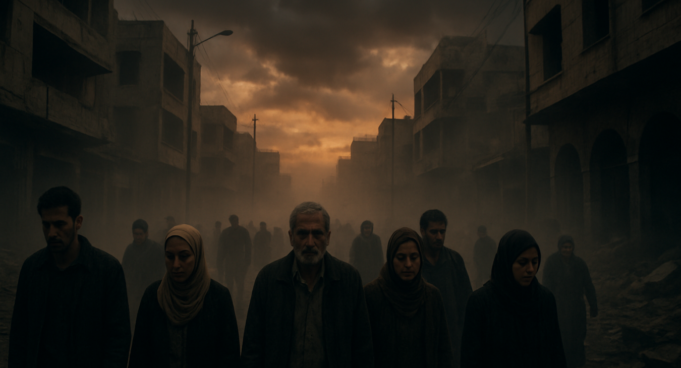 A cinematic, somber twilight scene in a dusty Jordanian urban street, where a diverse group of weary men and women walk through a haze of smoke and debris under a heavy, dramatic sky.