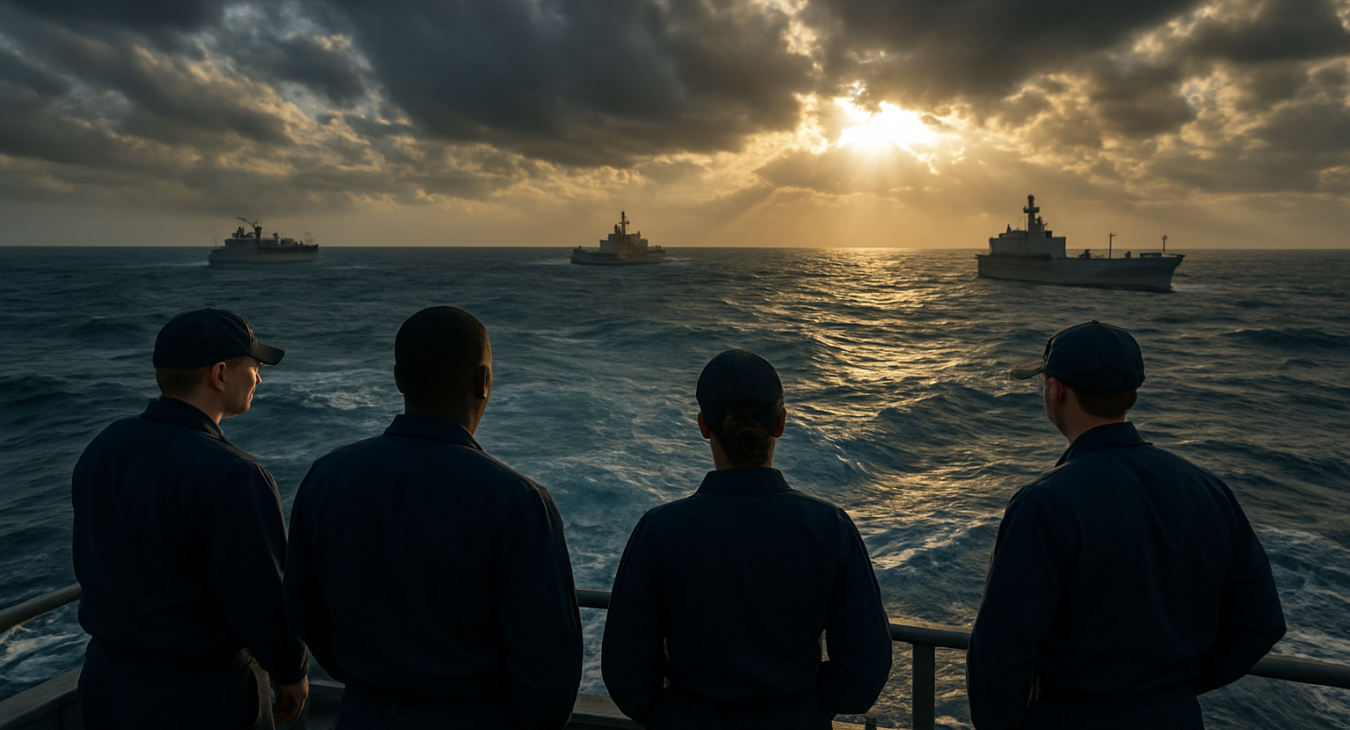 A photorealistic landscape shot of naval officers on a vessel's deck observing warships and tankers navigating through choppy blue waters in the Strait of Hormuz.