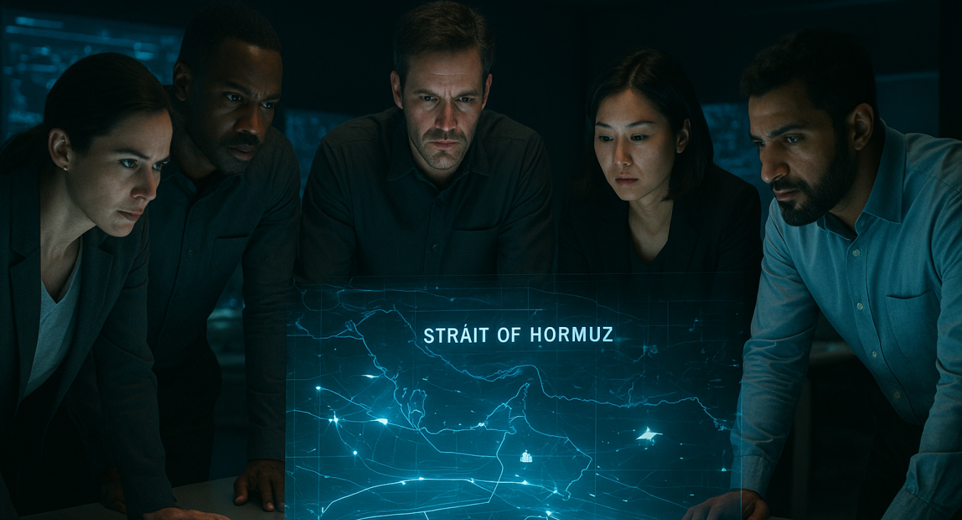 A group of diverse men and women in a modern command center intensely studying glowing holographic tactical maps of the Strait of Hormuz featuring maritime routes and military markers.