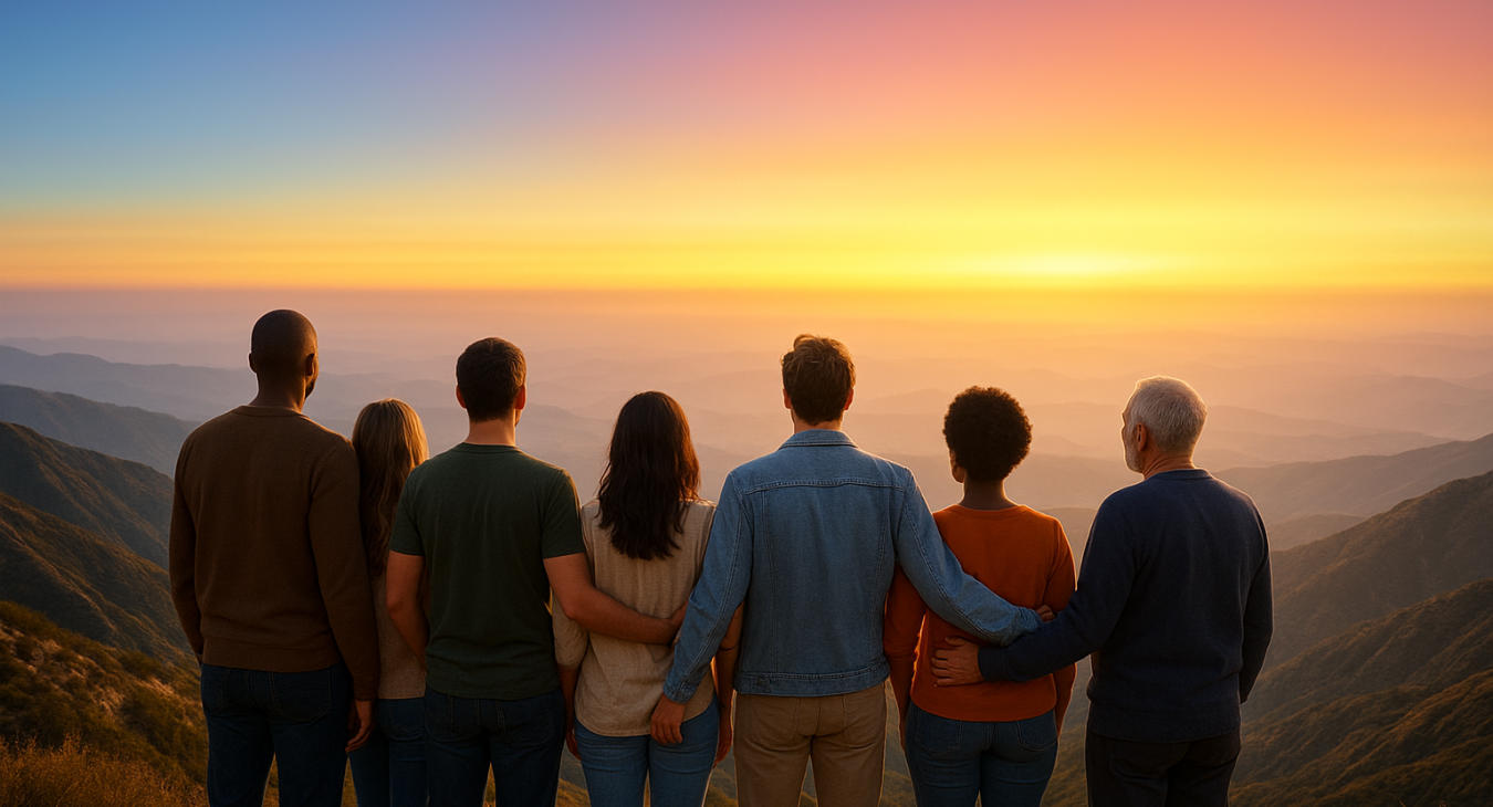 A high-quality photorealistic wide landscape shot of a diverse group of men and women standing together on a sunlit mountain ridge, gazing towards a vast, colorful horizon that blends into a seamless spectrum of light.