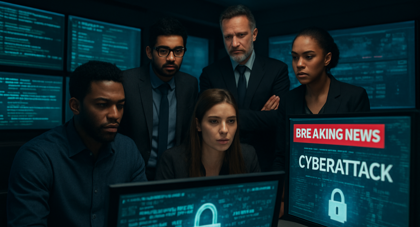 A diverse group of men and women in a dimly lit, high-tech command center, intensely monitoring large glowing screens displaying complex digital security code and breaking news alerts.
