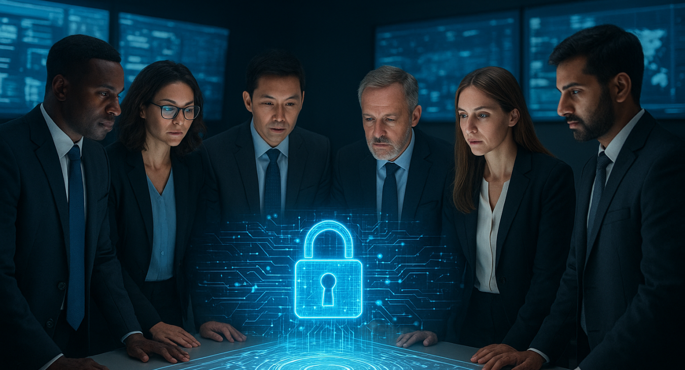 A diverse group of professionals standing around a glowing, holographic digital interface in a modern high-tech command center, representing cybersecurity and data integrity.