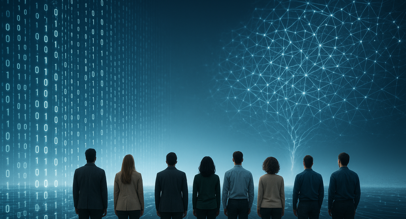 A diverse group of men and women standing in a vast, modern digital landscape where glowing binary data streams transition into complex, interconnected neural network patterns.