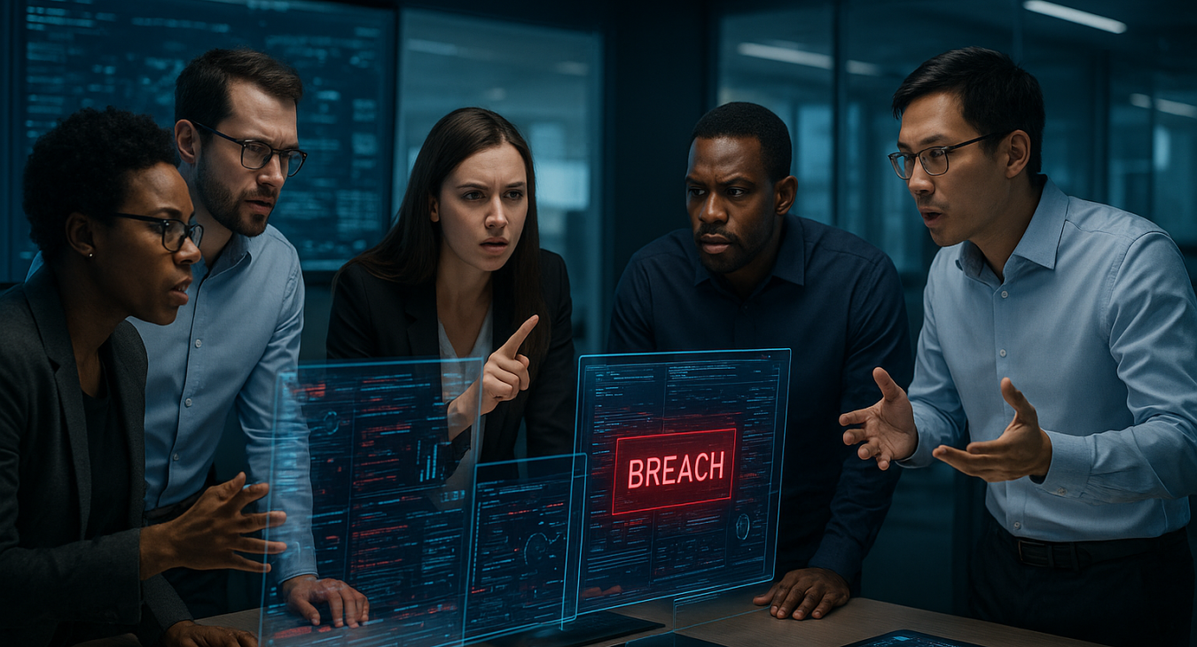 A high-quality photorealistic landscape of diverse tech professionals in a modern setting, engaged in an intense debate around sleek holographic screens displaying complex security data and glowing red breach alerts.