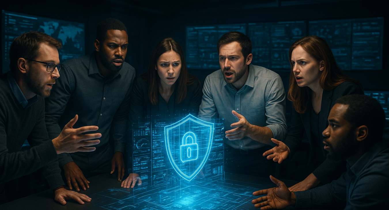 A hyper-realistic wide landscape shot of a diverse group of male and female cybersecurity experts engaged in an intense debate around a glowing holographic data interface in a modern, dimly lit high-tech command center.