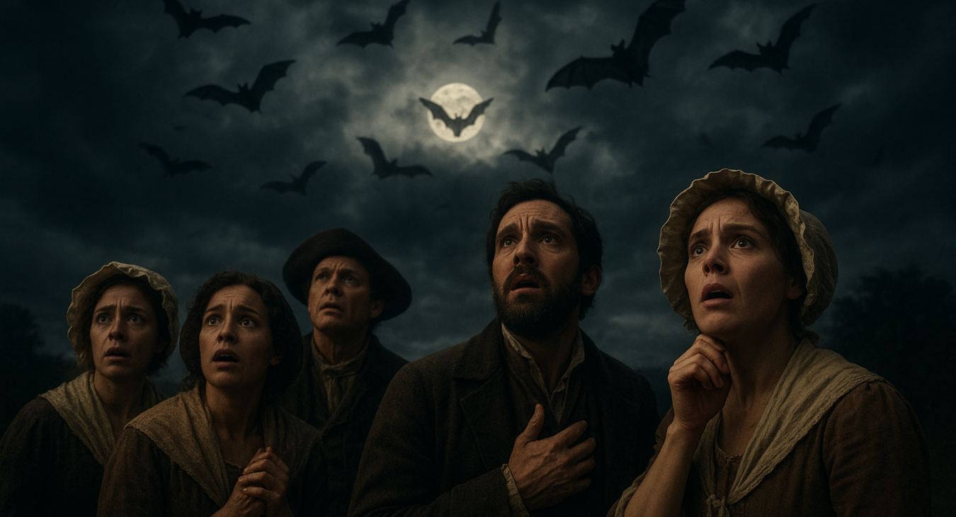 A group of diverse men and women in historical clothing looking up at a dark, stormy sky with fearful expressions as bat silhouettes fly through the moonlight.