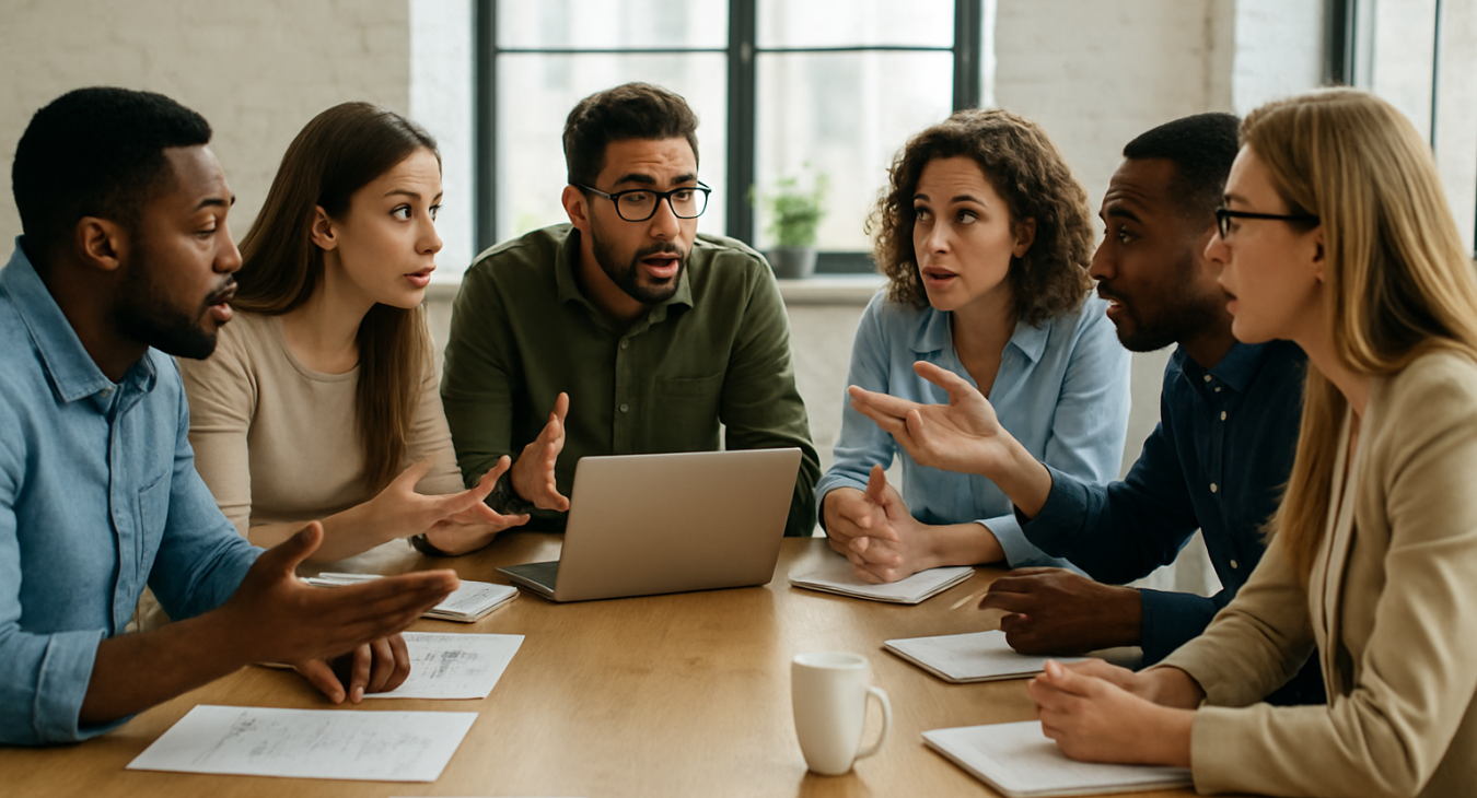 A diverse group of men and women engaged in an intense and lively brainstorming session around a wooden table in a bright, modern office.