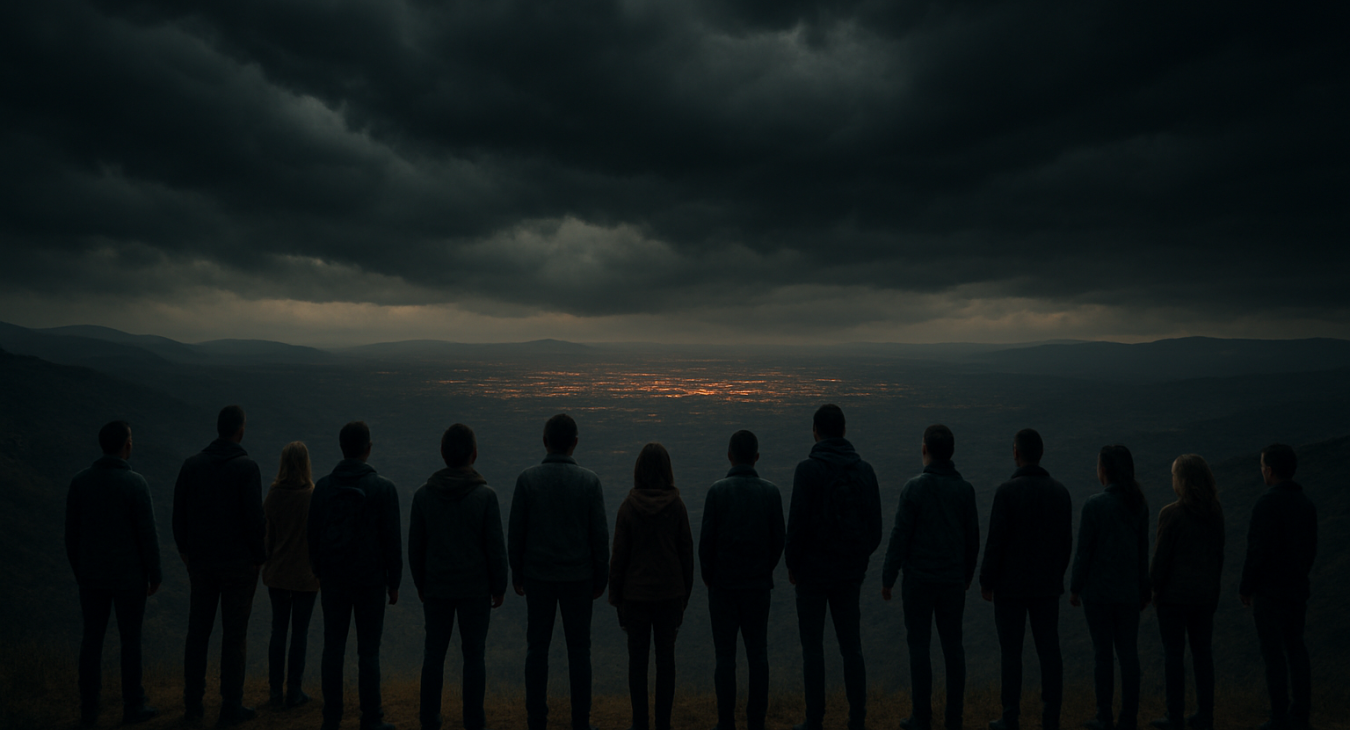 A cinematic, photorealistic landscape of a diverse group of men and women standing on a high ridge, looking out over a vast, dimly lit valley with flickering city lights under a heavy, storm-laden sky.