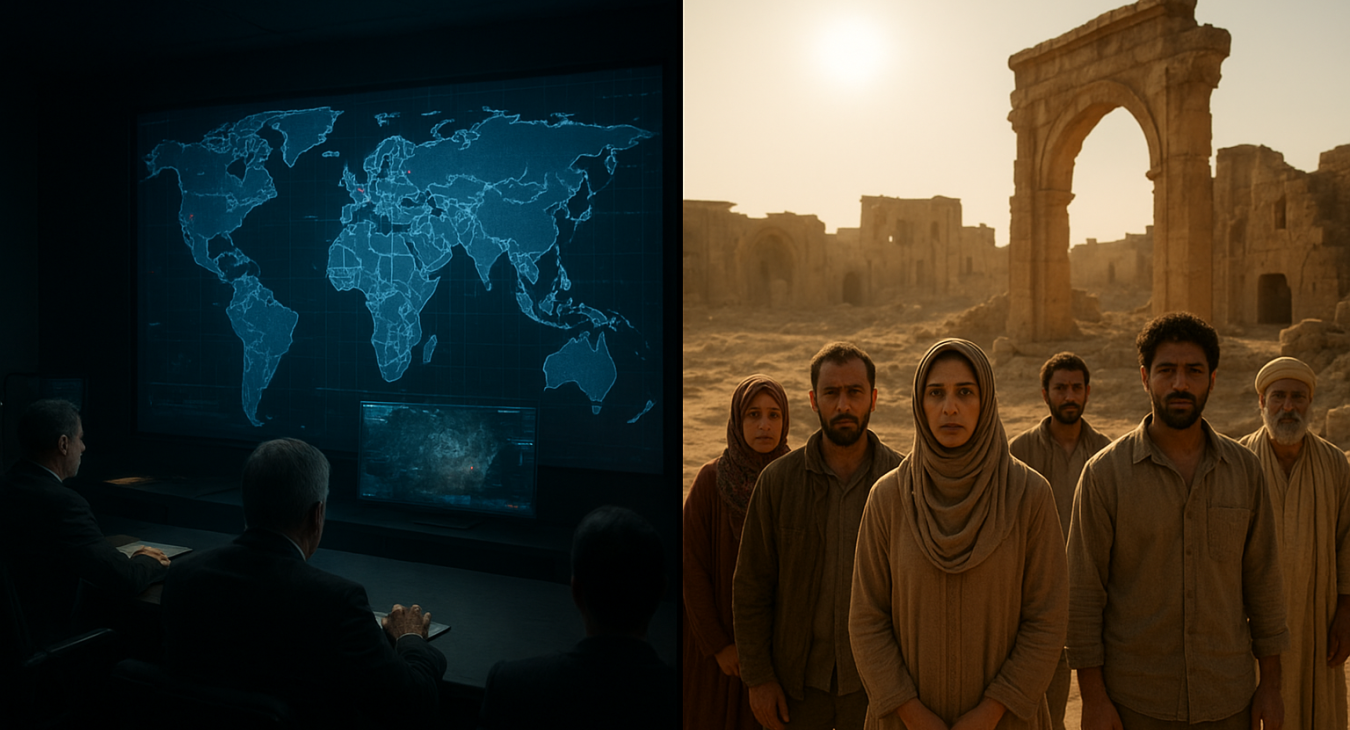 A split-screen composition showing a dimly lit geopolitical war room with digital maps contrasted against a sun-drenched, dusty Middle Eastern landscape with a diverse group of people standing amidst ancient architecture.