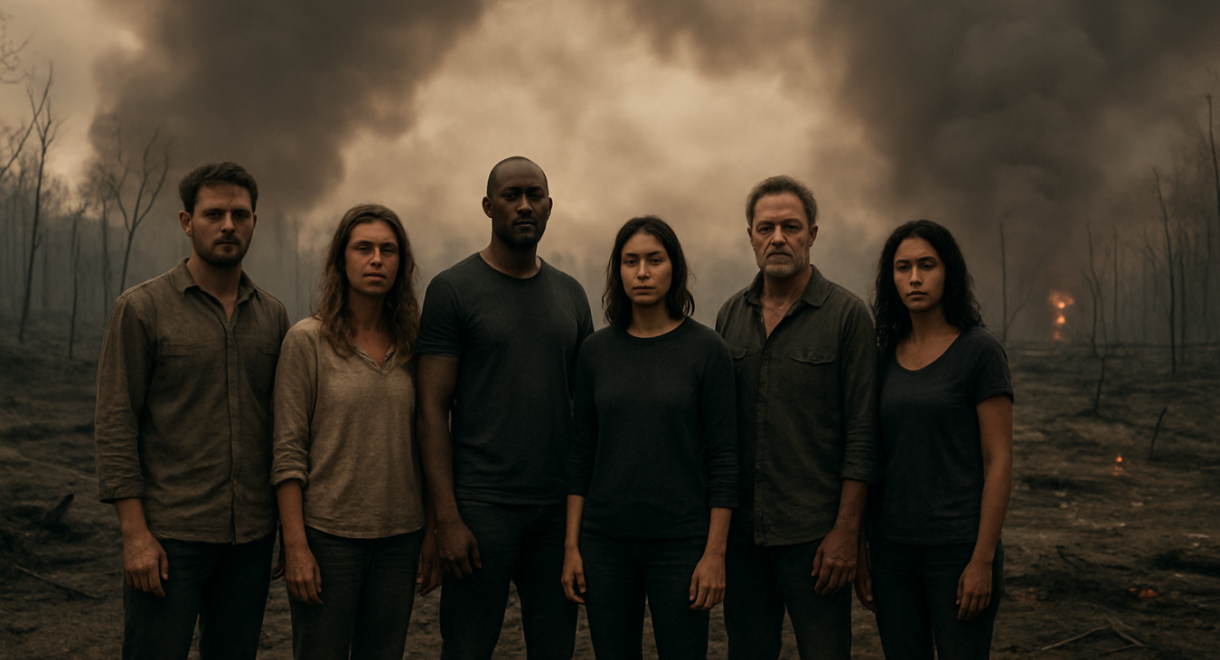 A wide photorealistic landscape shot of a distressed area under a heavy, smoke-filled sky, where a diverse group of men and women stand together in solemn solidarity amidst the aftermath of a fire.