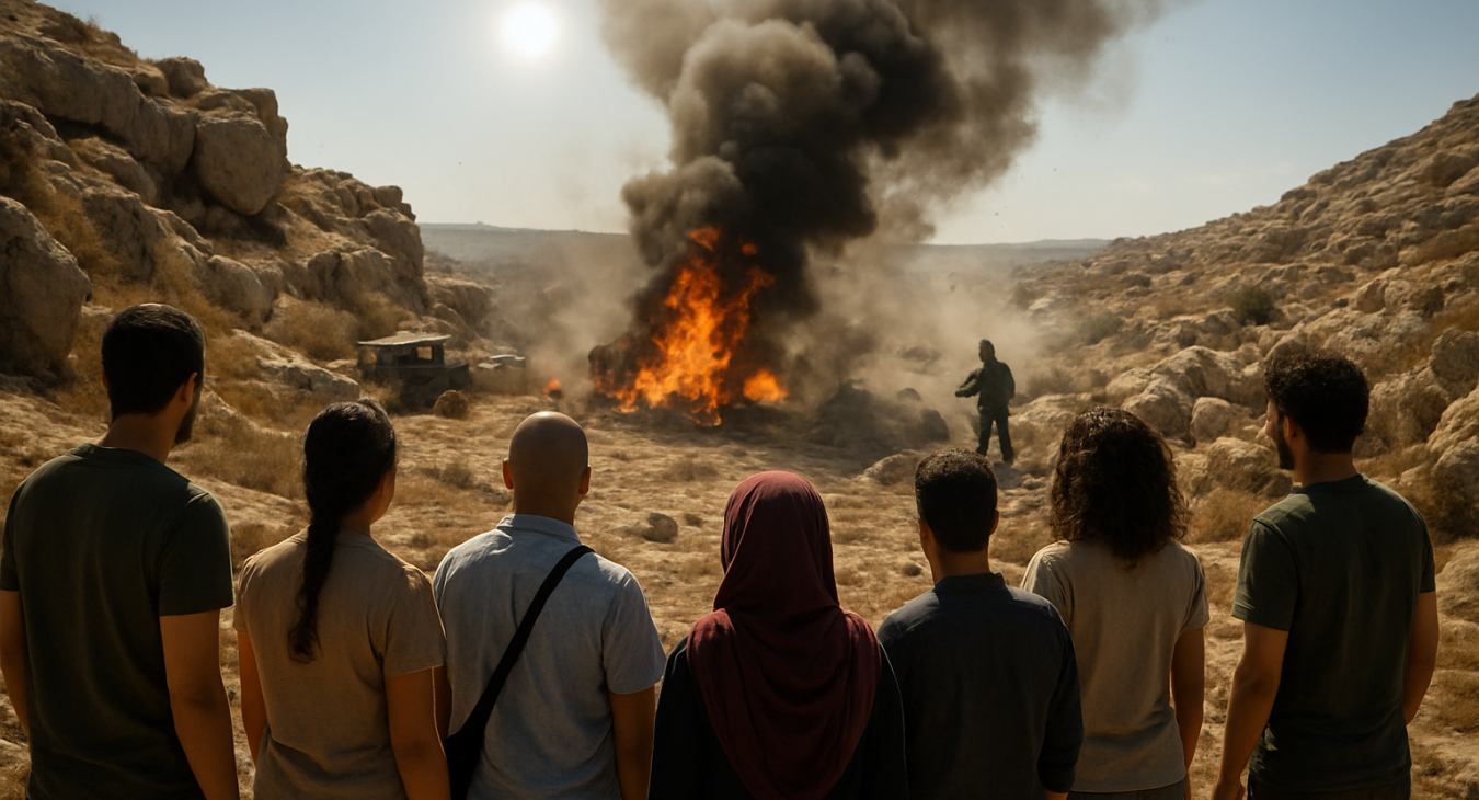 A high-quality photorealistic landscape shot of a diverse group of men and women facing a scene of intense conflict and destruction in a rocky West Bank landscape under a harsh sun.